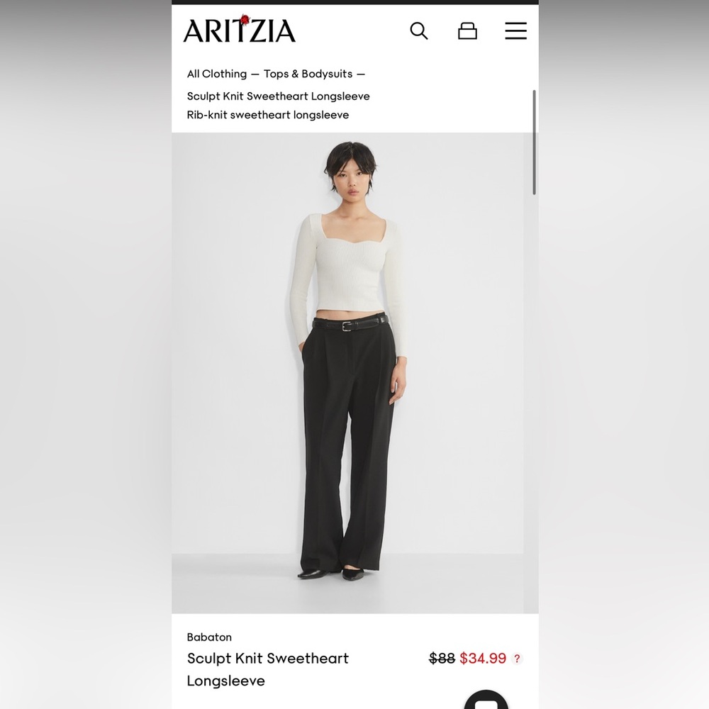 Aritzia Babaton Cream Sculpt Knit Sweetheart Neck Long Sleeve Top xs like new
